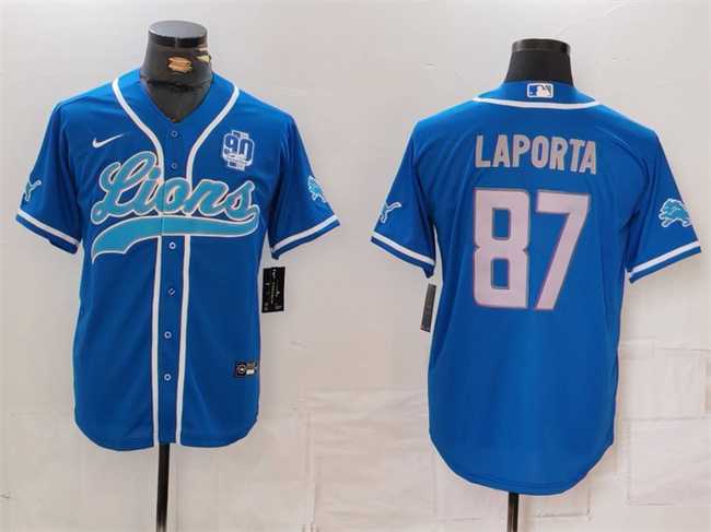 Men%27s Detroit Lions #87 Sam LaPorta Blue With 90th Anniversary Patch Cool Base Stitched Baseball Jersey->detroit lions->NFL Jersey